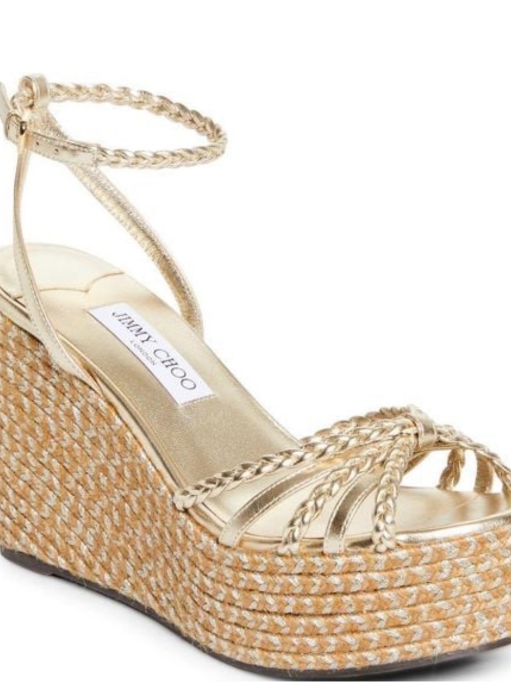 Jimmy Choo Metallic Gold Braided Ankle Platform Espadrille Sandal 100 Mm